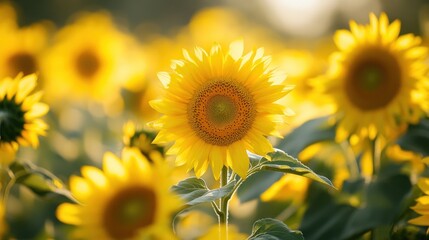 Obraz premium Sunflowers in Golden Sunlight: A Vibrant Summer Field