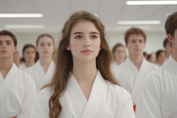 Fototapeta premium Students engage in meditation practice before martial arts training session in a bright dojo setting