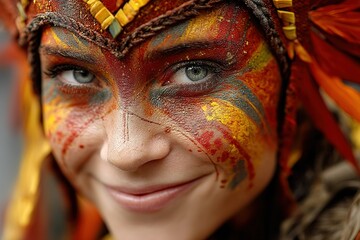 Vibrant face paint decorates a smiling performer at a cultural festival in a lively outdoor setting