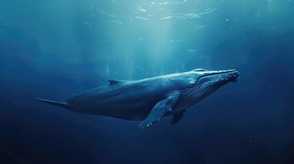 Fototapeta premium The picture of the blue whale is swimming in the ocean with the bright light of the sun, blue whale is the largest mammal animal known to have ever existed, both in terms of length and weight. AIG51.