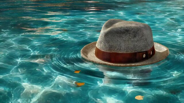 A straw hat floats peacefully on the surface of a turquoise swimming pool, creating a serene summer atmosphere
