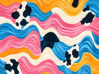 Abstract wavy stripes in pink, orange, and blue with cow print overlay, colorful retro aesthetic design