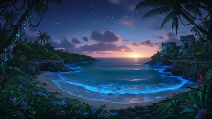 Fantasy depiction of Navio Beach in Vieques showing luminous blue waves under starlit twilight sky and magical ocean glow