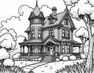 Fototapeta premium Black and White Victorian House Illustration - Line Art Drawing
