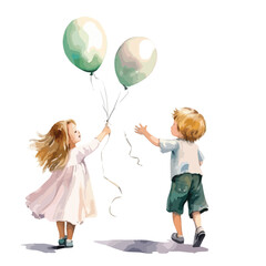 Children releasing white balloons cute watercolors illustration on white background
