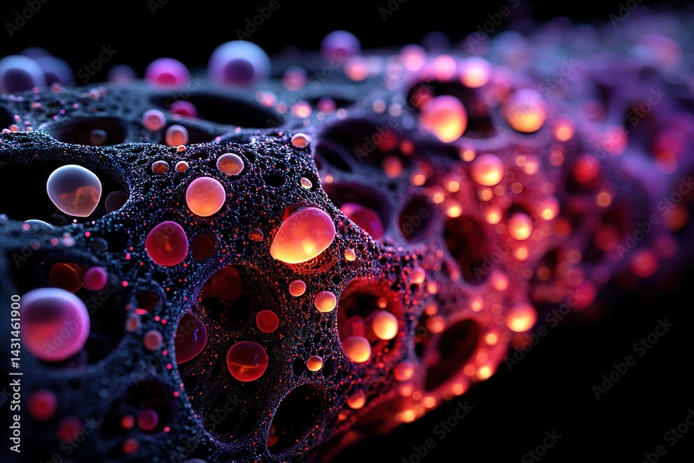 Poster abstract structure with glowing bubbles and colorful textures in a dark environment showcasing fine 