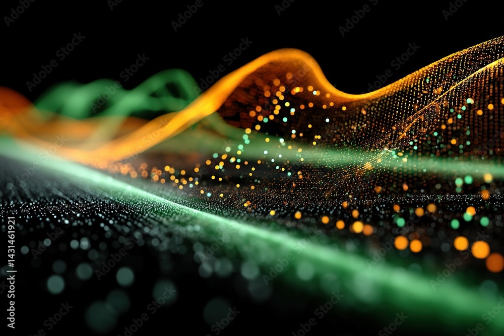Poster colorful abstract wave patterns representing digital sound visualization in a dark space