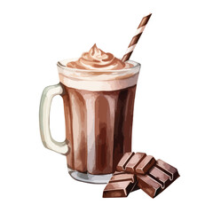 chocolatey cocoa drink with a straw cute watercolors illustration on white background