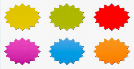 6 simple, star-shaped, colorful labels isolated on a white background, clipart