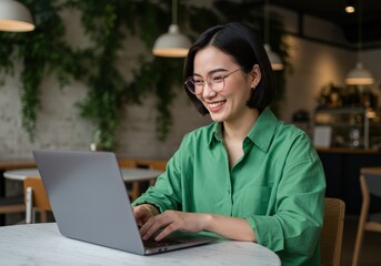 Smiling woman works on laptop at cafe table, green shirt, glasses