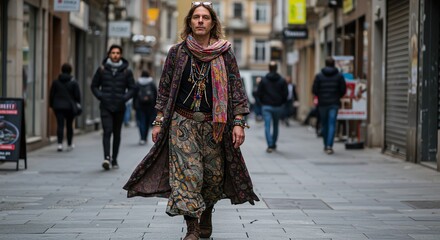 Stylish Man Walking Down a City Street in Long Coat and Scarf