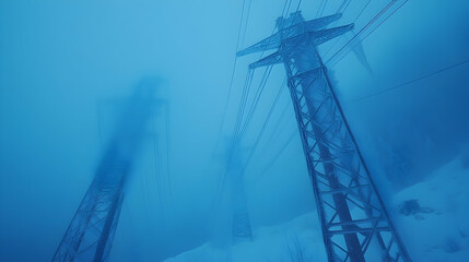 Mysterious blue fog envelops towering power lines amidst a snowy landscape, creating an eerie atmosphere