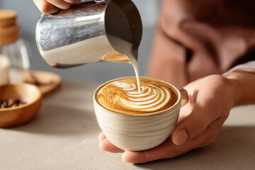Professional barista pouring steamed milk into coffee cup creating decorative latte art pattern with rosetta design
