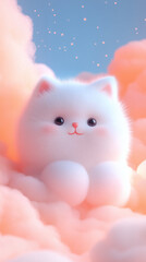 A fluffy white cat character sits happily among soft pink clouds, illuminated by a warm sunset glow, creating a whimsical and enchanting atmosphere