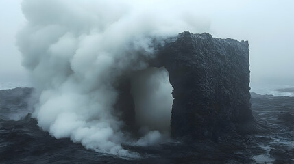 Mysterious volcanic rock formation emitting steam amidst foggy coastal landscape, evoking intrigue