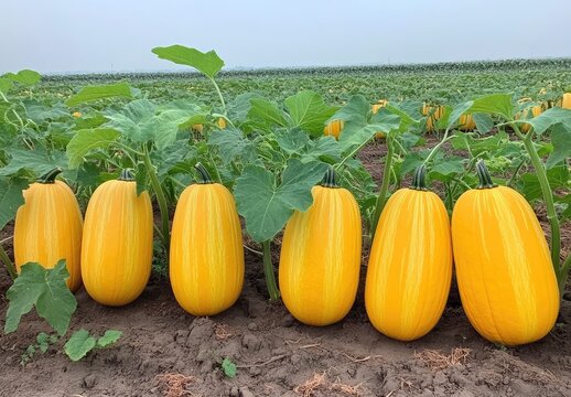 Ripe, oblong yellow pumpkins growing in a field