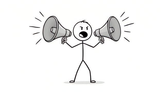animation of a line figure character speaking using a loudspeaker