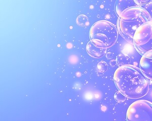 Iridescent bubbles float on a blue background with glitter and sparkles