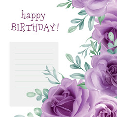 WElegant birthday card featuring purple lilac roses and soft green leaves. The text says 