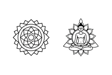 Buddha Meditation In Lotus Flower With Mandala Line Art Illustration