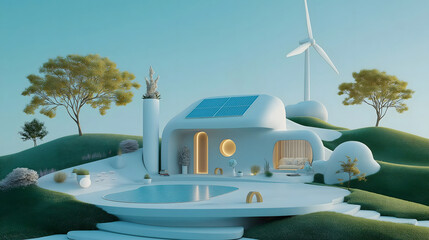 Modern sustainable house design featuring wind turbines and solar panels amidst a tranquil landscape