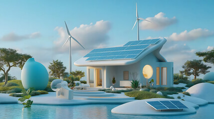 Modern sustainable house design featuring wind turbines and solar panels amidst a tranquil landscape