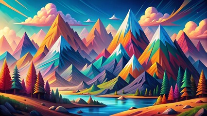 Fototapeta premium Cartoon Mountain Screensaver: Abstract Peaks & Valley Travel Wallpaper