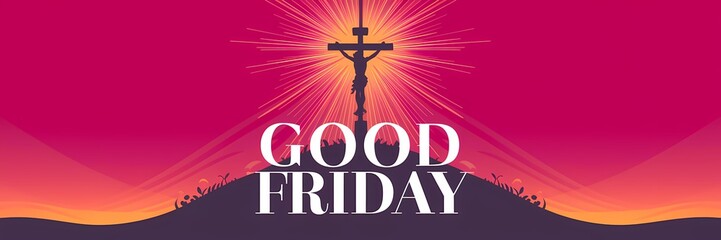 Silhouette of Jesus Christ crucified on a hill radiating golden divine light against a dramatic sky with bold GOOD FRIDAY text below symbolizing sacrifice redemption and solemn spiritual reflection