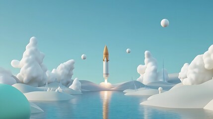 Rocket launch over serene water landscape with fluffy clouds and distant planets