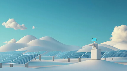 Renewable energy facility surrounded by green landscape with solar panels and wind turbines promoting sustainable technology