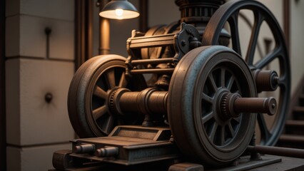 Obraz premium Vintage Industrial Machine: Detailed Close-Up of Antique Engine with Wheels, Gears, and Steampunk Aesthetic