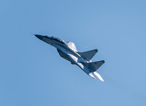 Moscow Russia Zhukovsky Airfield 25 July 2021: aerobatic MiG-35 perfoming demonstration flight of the international aerospace salon MAKS-2021