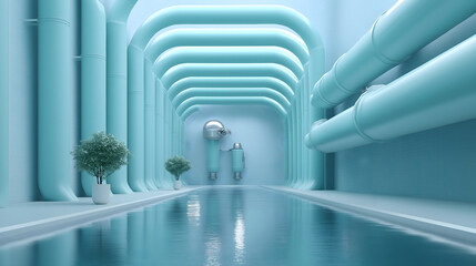 Large turquoise pipelines along a serene water channel in a modern industrial space at daytime