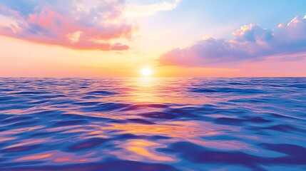 Obraz premium Vibrant sunset over a calm sea with fluffy clouds and a golden glow