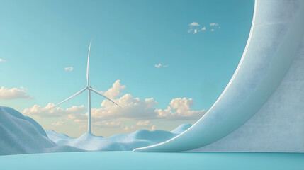 Innovative wind turbine stands amid stunning blue landscape with abstract white structure under clear sky