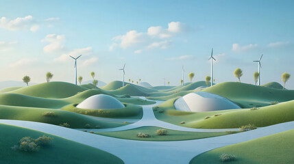 Innovative eco-friendly landscape featuring solar panels and wind turbines in a peaceful setting