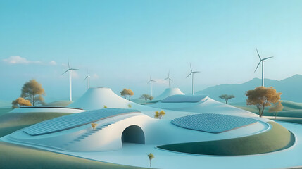 Innovative eco-friendly landscape featuring solar panels and wind turbines in a peaceful setting