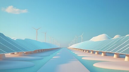 Innovative eco-friendly landscape featuring solar panels and wind turbines in a peaceful setting