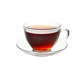 Black tea cup shot from above on white background. Copy space