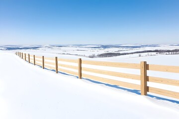 Wooden fence extending across a snowy field with a blue sky