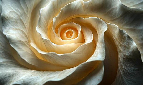 Close-up view of a delicate white rose in full bloom, showcasing intricate petal details and soft lighting