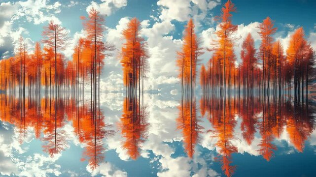 鏡のような湖面に映る秋のオレンジ色の並木と青空