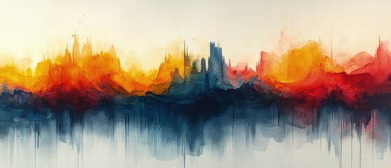 Abstract painting with blurred lines in shades of orange red and blue.