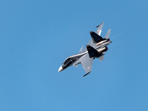 Moscow Russia Zhukovsky Airfield 25 July 2021: aerobatic Su-30 perfoming demonstration flight of the international aerospace salon MAKS-2021