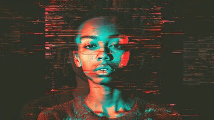 Distorted glitch art with static textures, analog noise, and vivid red-orange highlights on a dark backdrop