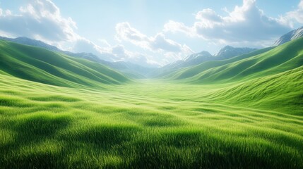 Fototapeta premium Lush green valley, sunlit mountains