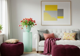 Naklejka premium Living room with tulips and modern art above white sofa and burgundy ottoman