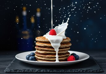 Cream Splashing onto Raspberry-Topped Pancake Stack