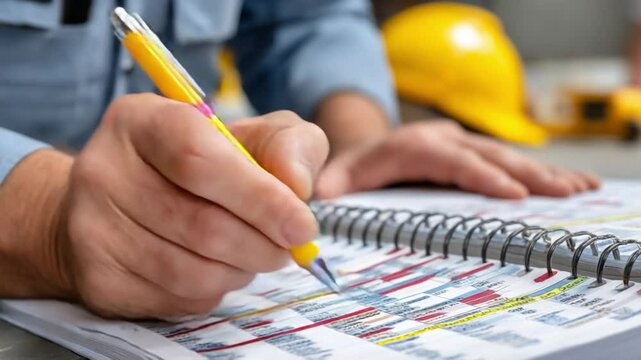Engineering Plans: A close-up shot captures the precise hand of a construction engineer meticulously annotating blueprints, signifying expertise and planning.