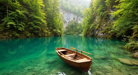 A wooden boat calmly floats through crystal clear turquoise water among rocky shores covered with dense forest greenery. Peace and harmony with nature, an ideal place for relaxation and solitude.